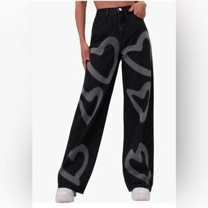 EUC Trendy Black Heart Pattern Jeans.  Super cool. Wide leg